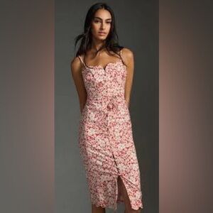 NWT Anthropologie Floral Midi Dress – Red & Ivory Print, Tie Waist (Size 6)